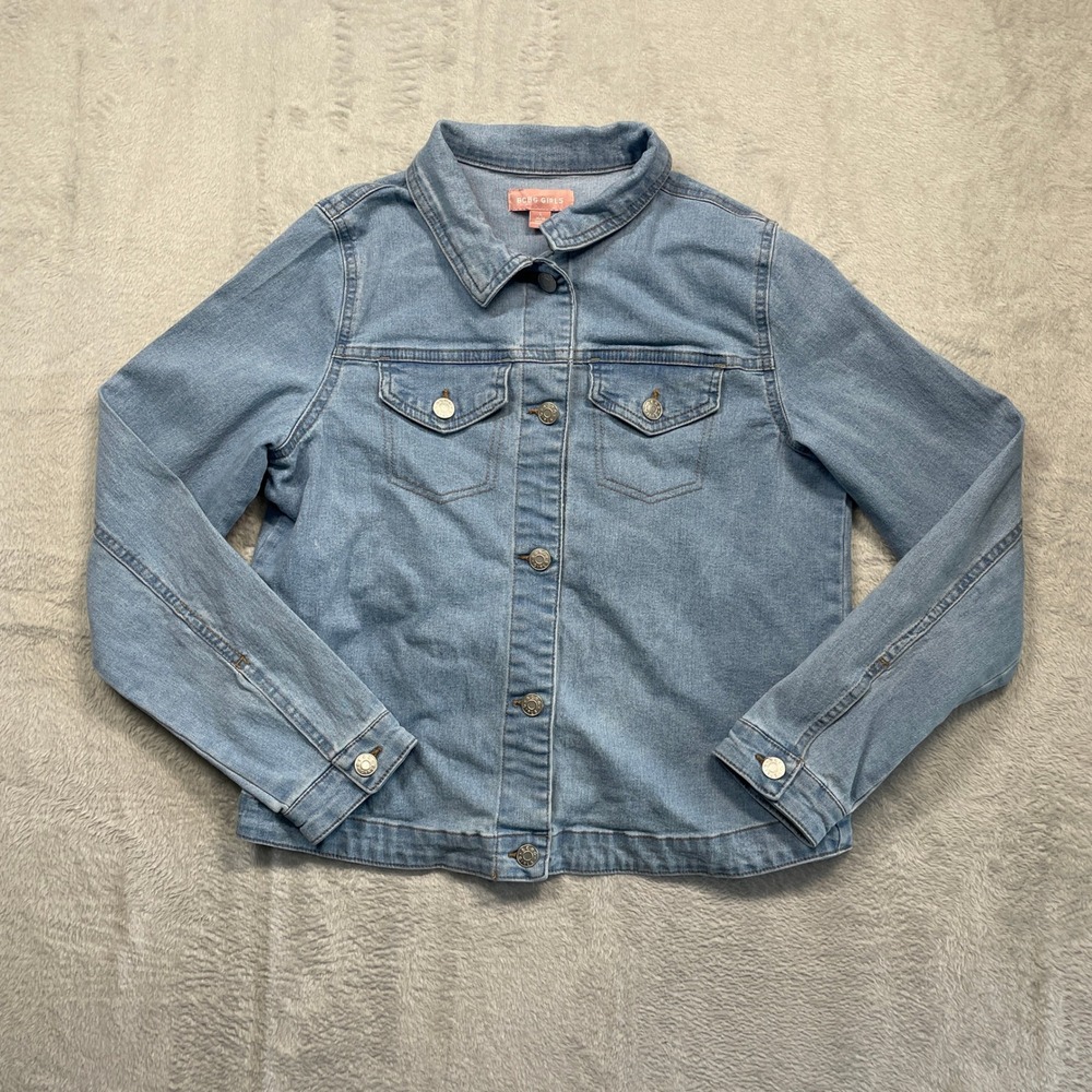 BCBG Girls Denim Jacket Kids Size L 14/16 Light Blue Button Front Stretch Jean
